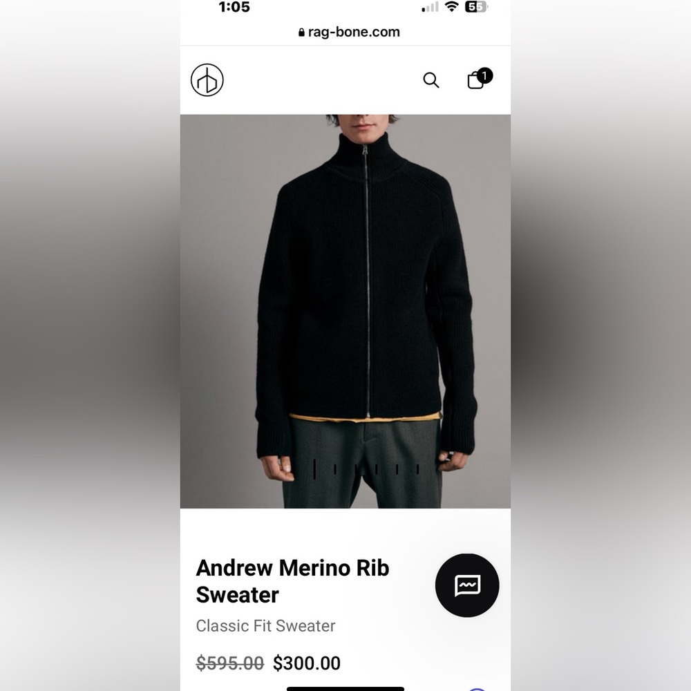 NWOT Rag & Bone Andrew Merino Zip-up